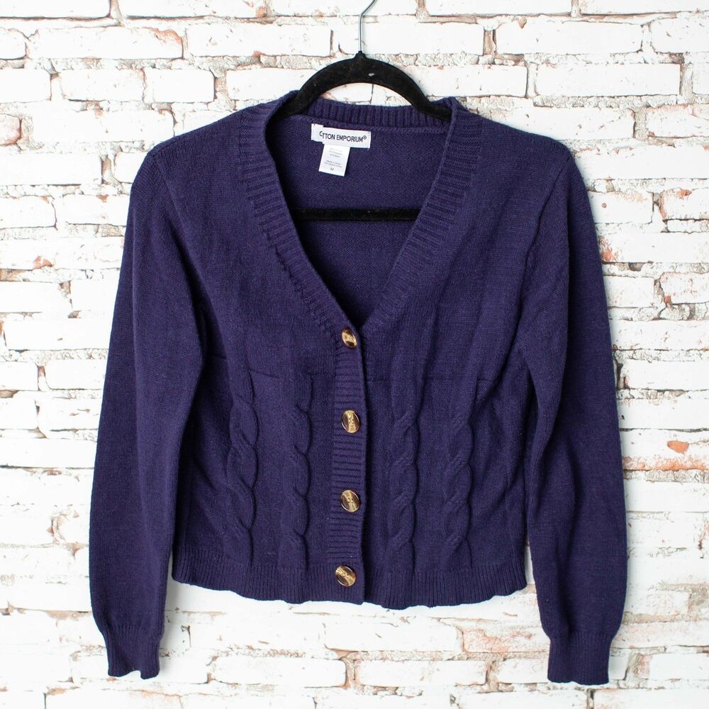 Cotton Emporium Women M Blue Cable Knit Cardigan Sweater Button Front